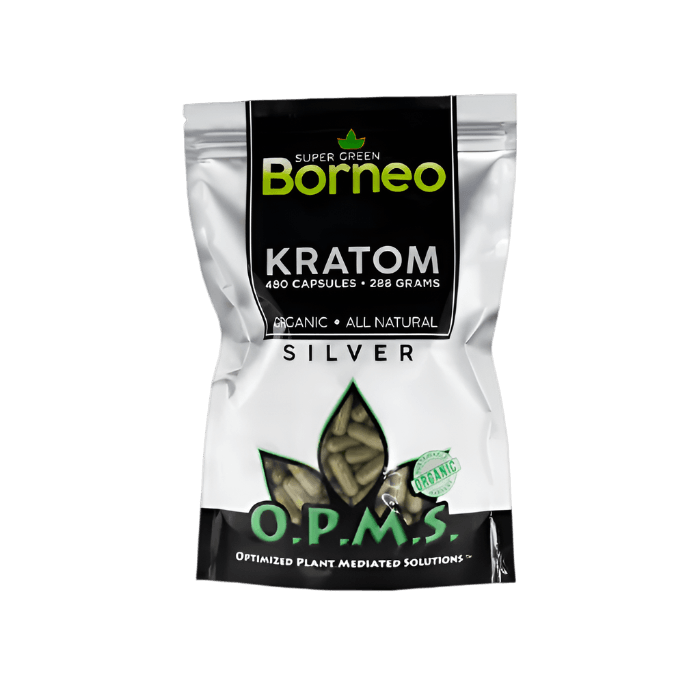 O.P.M.S. SILVER KRATOM CAPSULES 480CT / 288G / 10.16OZ - BORNEO SUPER GREEN VEIN