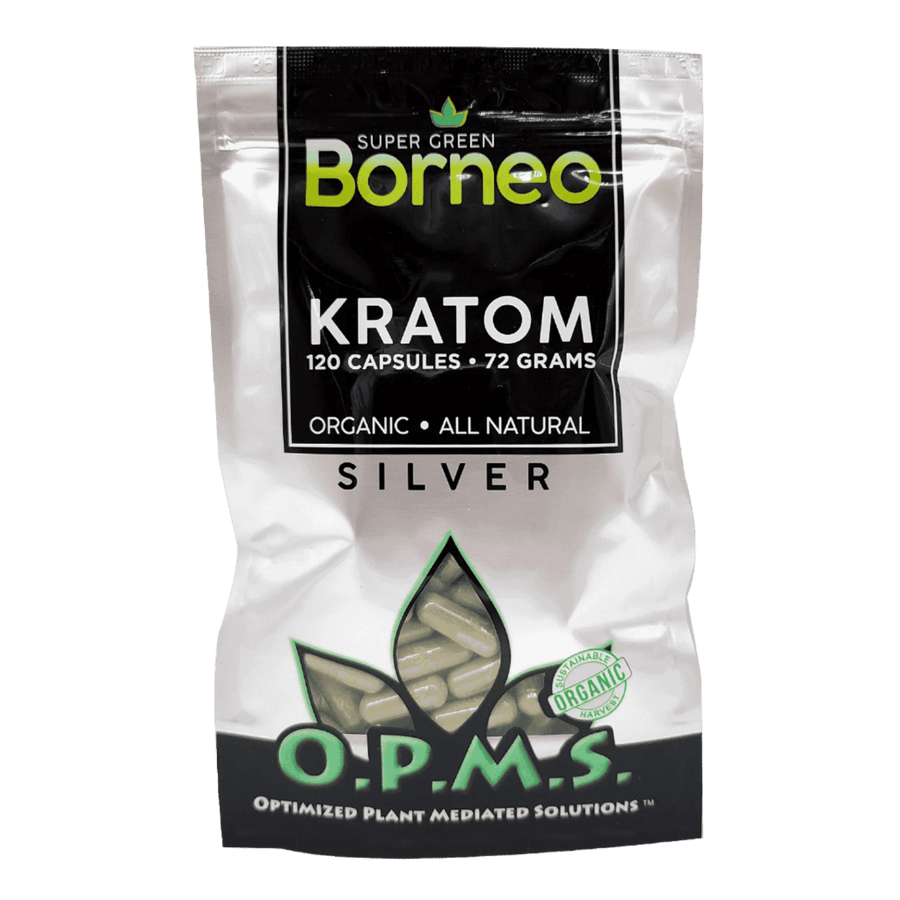 O.P.M.S. SILVER KRATOM CAPSULES 120CT / 72G / 2.54OZ - BORNEO SUPER GREEN VEIN