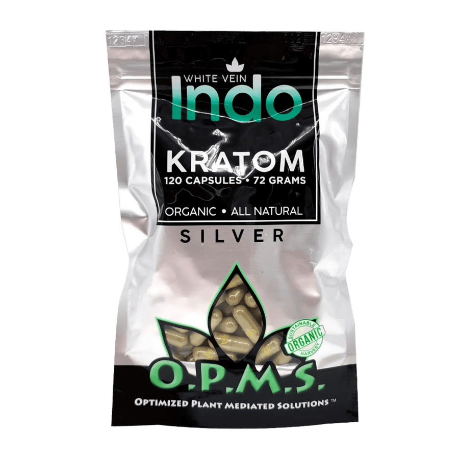O.P.M.S. SILVER KRATOM CAPSULES 120CT / 72G / 2.54OZ - INDO WHITE VEIN