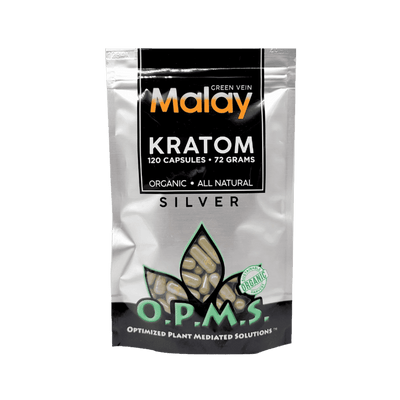 O.P.M.S. SILVER KRATOM CAPSULES 120CT / 72G / 2.54OZ - MALAY GREEN VEIN