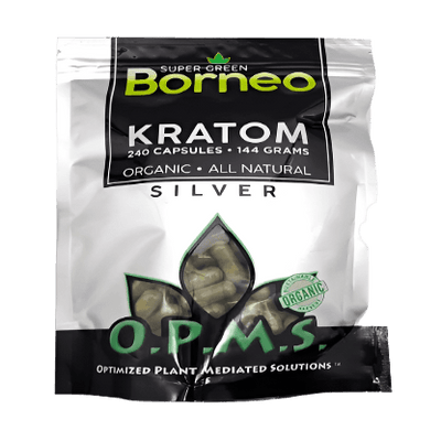 O.P.M.S. SILVER KRATOM CAPSULES 240CT / 144G / 5.08OZ - BORNEO SUPER GREEN VEIN