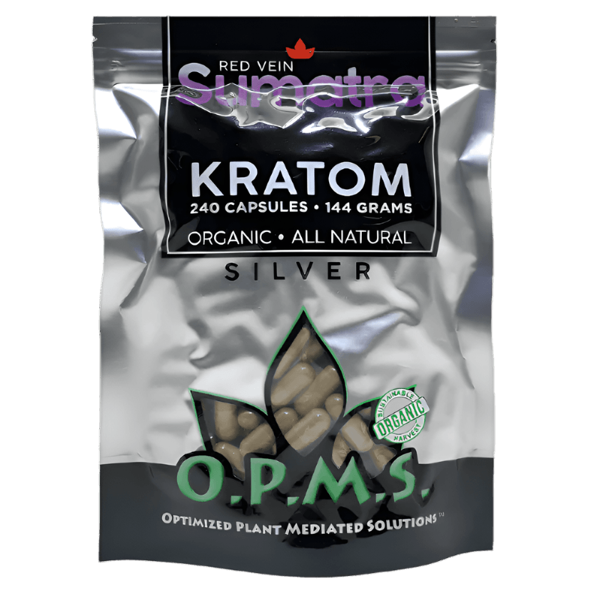 O.P.M.S. SILVER KRATOM CAPSULES 240CT / 144G / 5.08OZ - SUMATRA RED VEIN