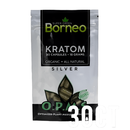 O.P.M.S. SILVER KRATOM CAPSULES 30CT / 18G / 0.63OZ - BORNEO SUPER GREEN VEIN