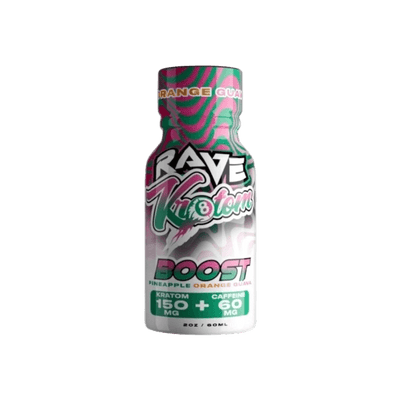RAVE KRATOM BOOST 2OZ - PINEAPPLE ORANGE GUAVA (KRATOM 1500MG + CAFFEINE 60MG)
