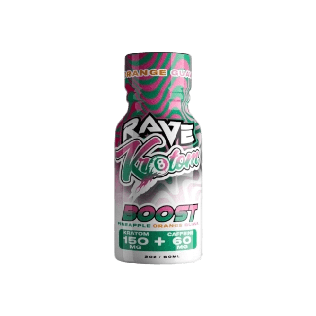 RAVE KRATOM BOOST 2OZ - PINEAPPLE ORANGE GUAVA (KRATOM 1500MG + CAFFEINE 60MG)