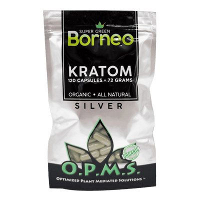 O.P.M.S. SILVER KRATOM CAPSULES 120CT / 72G / 2.54OZ - BORNEO SUPER GREEN VEIN