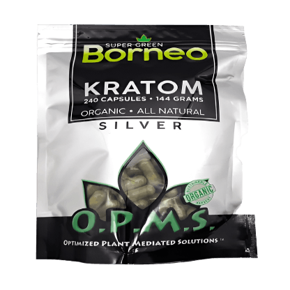O.P.M.S. SILVER KRATOM CAPSULES 240CT / 144G / 5.08OZ - BORNEO SUPER GREEN VEIN