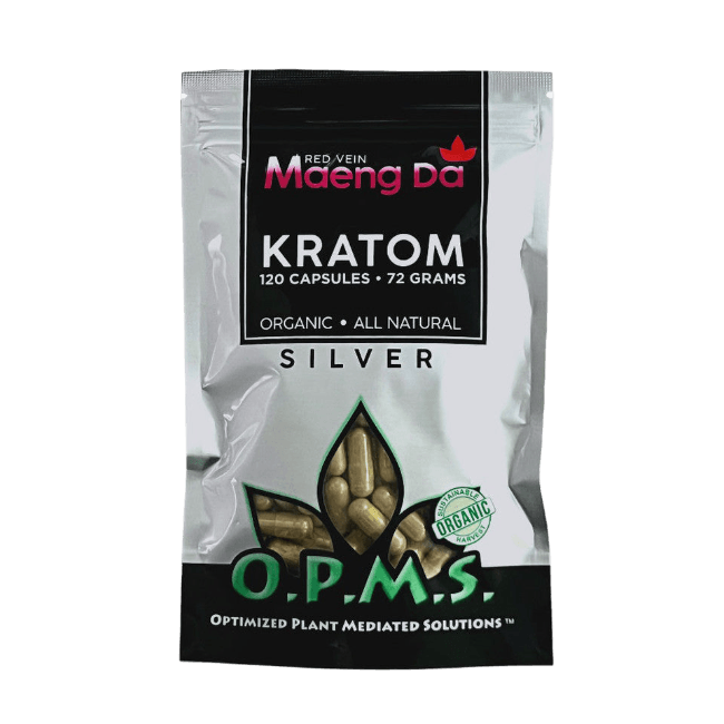 O.P.M.S. Silver Maeng Da Red Vein Kratom Capsules – 120ct (72g / 2.54oz)