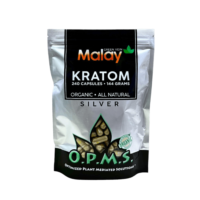 O.P.M.S. SILVER KRATOM CAPSULES 240CT / 144G / 5.08OZ - MALAY GREEN