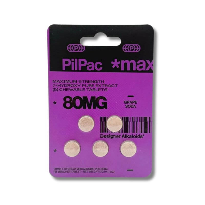 PILPAC MAX DESIGNER ALKALOIDS MAXIMUM STRENGTH 7- HYDROXY CHEWABLE TABLETS 80MG 5CT - GRAPE SODA