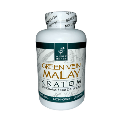 WHOLE HERBS KRATOM CAPSULES 250CT / 150G / 5.3OZ - MALAY GREEN VEIN